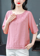 Load image into Gallery viewer, Boutique Pink O Neck Embroidered Cotton Blouses Summer