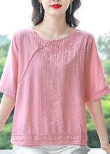 Load image into Gallery viewer, Boutique Pink O Neck Embroidered Cotton Blouses Summer