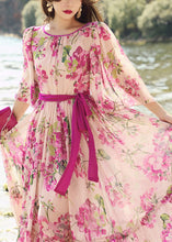 Load image into Gallery viewer, Boutique Pink O-Neck Print Tie Waist Silk Long Dress Half Sleeve