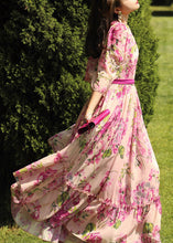 Load image into Gallery viewer, Boutique Pink O-Neck Print Tie Waist Silk Long Dress Half Sleeve