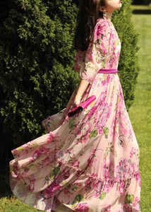 Boutique Pink O-Neck Print Tie Waist Silk Long Dress Half Sleeve