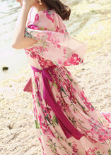 Load image into Gallery viewer, Boutique Pink O-Neck Print Tie Waist Silk Long Dress Half Sleeve