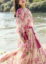 Load image into Gallery viewer, Boutique Pink O-Neck Print Tie Waist Silk Long Dress Half Sleeve