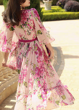 Load image into Gallery viewer, Boutique Pink O-Neck Print Tie Waist Silk Long Dress Half Sleeve