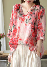 Load image into Gallery viewer, Boutique Pink V Neck Print Loose Fall Half Sleeve Blouses