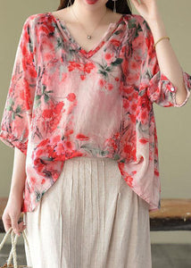 Boutique Pink V Neck Print Loose Fall Half Sleeve Blouses