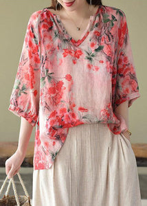 Boutique Pink V Neck Print Loose Fall Half Sleeve Blouses