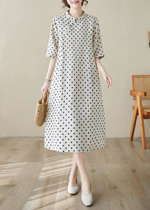 Boutique Stand Collar Dot Print Cotton Long Dress Summer