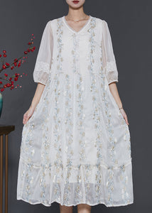 Boutique White Embroidered Patchwork Lace Silk Dresses Summer