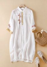 Load image into Gallery viewer, Boutique White Peter Pan Collar Embroidered Patchwork Linen Shirts Dresses Summer