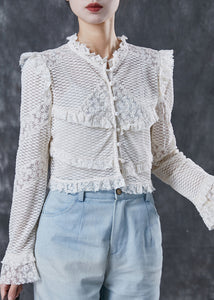 Boutique White Ruffled Patchwork Lace Blouse Tops Spring