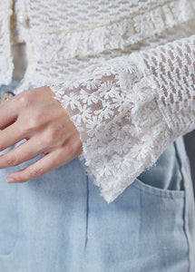 Boutique White Ruffled Patchwork Lace Blouse Tops Spring