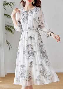 Boutique White Ruffled Print Patchwork Silk Dress Summer