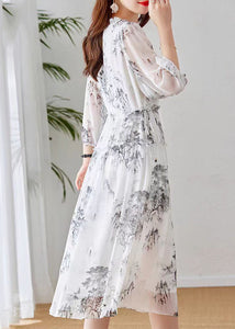 Boutique White Ruffled Print Patchwork Silk Dress Summer