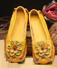 Load image into Gallery viewer, Boutique Yellow Cowhide Leather Flower Splicing Flat Shoes