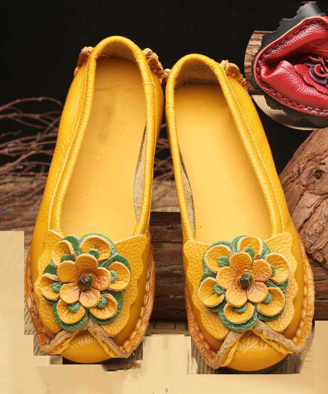 Boutique Yellow Cowhide Leather Flower Splicing Flat Shoes