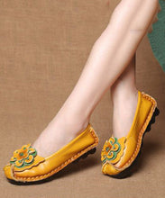 Load image into Gallery viewer, Boutique Yellow Cowhide Leather Flower Splicing Flat Shoes