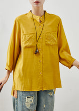 Load image into Gallery viewer, Boutique Yellow Embroidered Linen Shirt Tops Bracelet Sleeve