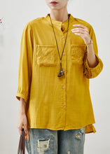 Load image into Gallery viewer, Boutique Yellow Embroidered Linen Shirt Tops Bracelet Sleeve