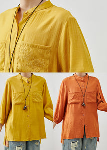 Boutique Yellow Embroidered Linen Shirt Tops Bracelet Sleeve