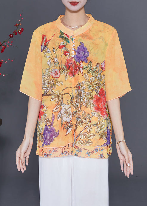 Boutique Yellow Print Chiffon Fake Two Piece Shirt Tops Summer