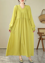 Load image into Gallery viewer, Boutique Yellow V Neck Green Long Dress Puff Sleeve