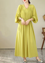 Load image into Gallery viewer, Boutique Yellow V Neck Green Long Dress Puff Sleeve