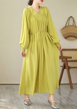 Load image into Gallery viewer, Boutique Yellow V Neck Green Long Dress Puff Sleeve