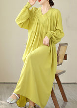 Load image into Gallery viewer, Boutique Yellow V Neck Green Long Dress Puff Sleeve