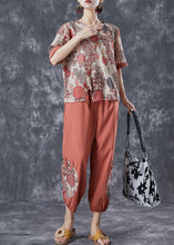 Load image into Gallery viewer, Brick Red Patchwork Cotton Women Sets 2 Pieces Side Open Summer