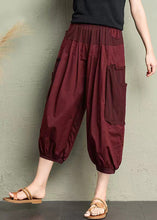 Load image into Gallery viewer, Brick Red Patchwork Pockets Elastic Waist Cotton Crop Pants Summer