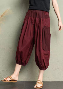 Brick Red Patchwork Pockets Elastic Waist Cotton Crop Pants Summer