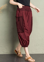 Load image into Gallery viewer, Brick Red Patchwork Pockets Elastic Waist Cotton Crop Pants Summer