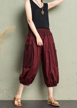 Load image into Gallery viewer, Brick Red Patchwork Pockets Elastic Waist Cotton Crop Pants Summer