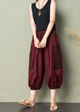 Load image into Gallery viewer, Brick Red Patchwork Pockets Elastic Waist Cotton Crop Pants Summer