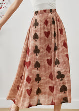 Load image into Gallery viewer, Brick Red Print Cotton Pleated Skirt Elastic Waist Summer