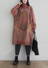 Load image into Gallery viewer, Brick Red Print Patchwork Cotton Dresses Hign Neck Spring