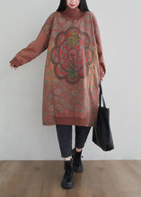 Load image into Gallery viewer, Brick Red Print Patchwork Cotton Dresses Hign Neck Spring