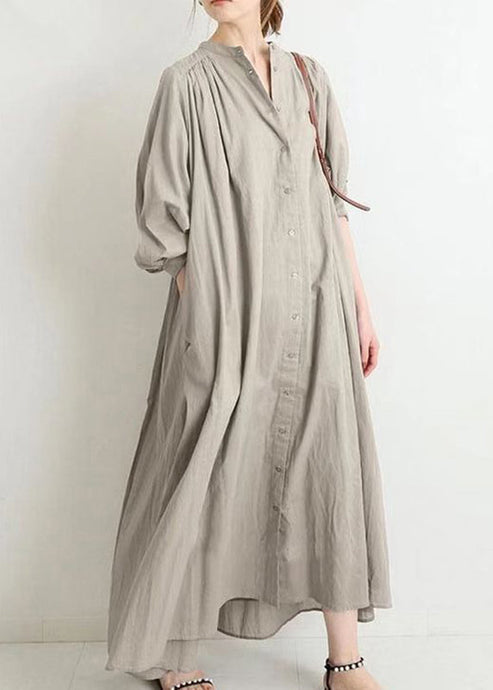 Brief Apricot Stand Collar Low High Design Maxi Shirt Dress Puff Sleeve