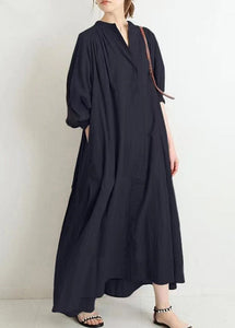 Brief Apricot Stand Collar Low High Design Maxi Shirt Dress Puff Sleeve