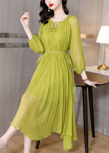 Brief Green O-Neck Wrinkled Chiffon Long Dress Fall