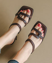 Load image into Gallery viewer, Brown Chunky Heel Sheepskin French Slide Sandals Peep Toe