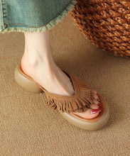 Load image into Gallery viewer, Brown Chunky Suede Boutique Tassel Splicing Slide Sandals