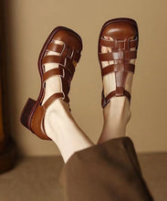 Load image into Gallery viewer, Brown Classy Splicing Chunky Heel Hollow Out Sandals