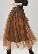 Load image into Gallery viewer, Brown Patchwork Tulle Corduroy Skirt Elastic Waist Spring