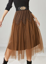 Load image into Gallery viewer, Brown Patchwork Tulle Corduroy Skirt Elastic Waist Spring