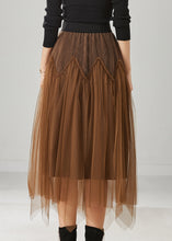 Load image into Gallery viewer, Brown Patchwork Tulle Corduroy Skirt Elastic Waist Spring