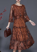 Load image into Gallery viewer, Brown Tulle Maxi Dresses Cinched Embroidered Summer