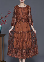 Load image into Gallery viewer, Brown Tulle Maxi Dresses Cinched Embroidered Summer