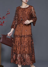 Load image into Gallery viewer, Brown Tulle Maxi Dresses Cinched Embroidered Summer